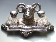Plated ram's head desk stand, width 35cm