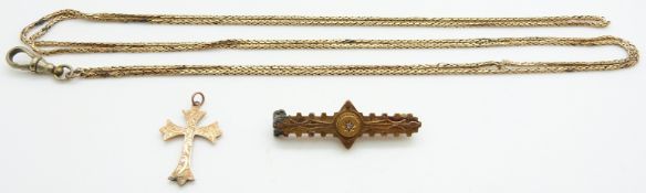 Victorian yellow metal guard chain (14g), 9ct rose gold cross (0.6g) with engraved decoration and