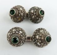 Pair of cufflinks set with green stones, marked 800 and with maker's mark possibly AG