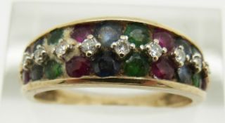 A 9ct gold ring set with emeralds, sapphires and diamonds, 3.4g, size Q