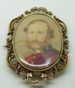 Victorian pinchbeck brooch set with a portrait miniature depicting Lord Cardigan, verso plaited
