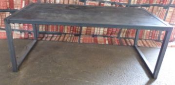 Industrial/haberdashery/shopfitting steel and plank topped narrow trestle style table, W155 X D75