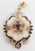 An 18ct gold pendant set with a blue sapphire cabochon, square and marquise cut sapphires, diamonds,