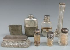 Four hallmarked silver mounted dressing table items, plated and cut glass hip flask, further hip