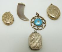 Two Victorian lockets, Victorian silver locket, an enamel pendant and an agate pendant