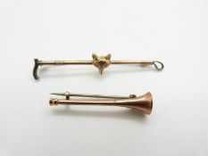9ct gold and silver brooch in the form of a crop with foxhead  and 9ct gold brooch in the form of