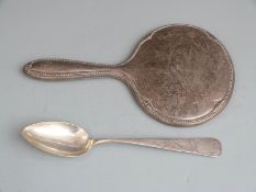 German white metal spoon marked 800 and E. Brede, length 22cm, weight 48g and a hand mirror also