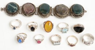 Two hallmarked silver rings and six further rings marked 925, two further rings and a bracelet set