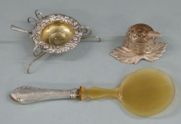 Danish white metal handled salad server, white metal ashtray and a white metal tea strainer,