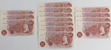 Ten 10 shilling 'J S Forde' UK banknotes, includes a consecutive trio, all crisp, clean and