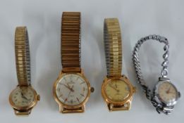 Four ladies and gentleman's wristwatches comprising a Timex, 9ct gold Pilot, Roamer and a Bentima.