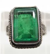 A silver ring set with an emerald cut dyed quartz, 6.9g, size R