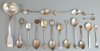 Sixteen various hallmarked silver spoons, ladle etc to include many enamel souvenir examples, weight