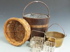 Coopered bucket with swing handle, height including handle 44cm, basket, brass jam pan and three