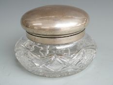 German white metal lidded cut glass oversize dressing table pot, with German 800 grade silver marks,