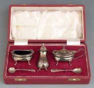 Cased hallmarked silver three piece cruet set, Sheffield 1966 maker Roberts & Belk Ltd, weight