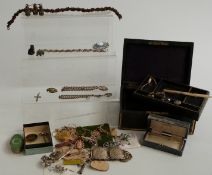 Two silver bracelets, silver Arts & Crafts style brooch, vintage Cheltenham box, costume jewellery