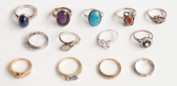 Twelve various silver rings including cabochon examples and a further plated ring
