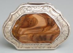 18th century Scottish silver agate topped escutcheon-shaped snuff box, opening to reveal gilt