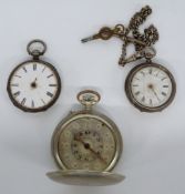 Three pocket watches comprising two silver examples, one on hallmarked silver chain with T-bar and a