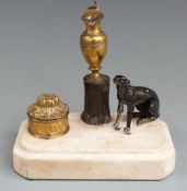19thC brass and bronze desk stand, standish or inkwell raised on a marble base with greyhound or