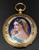 18ct gold ladies full hunter pocket watch with engraved and enamelled case decorated with a portrait