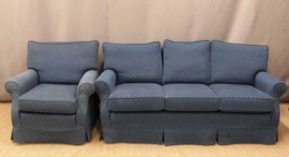 Blue three seat sofa and armchair, W170 x H72 x D75cm