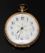 18ct gold keyless winding open faced pocket watch with blued hands, Arabic numerals, gilt