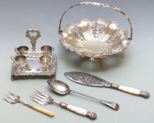 Hallmarked silver ivory handled fork, length 21cm, plated pierced pedestal swing handled basket, egg