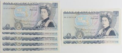 Five consecutive 'D H  Somerset' UK £5 banknotes, all crisp, clean and uncirculated