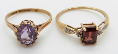 A 9ct gold ring set with amethyst and a 9ct gold ring set with a garnet and diamonds, 4.2g