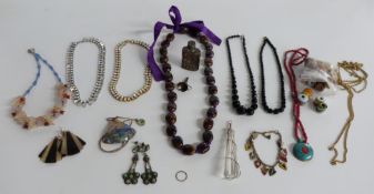 A white metal scent bottle, jet necklace, Chinese earrings, glass beads etc