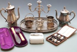 Collection of plated ware including tray, length 42cm, cased fish servers, cutlery, sardine dish,
