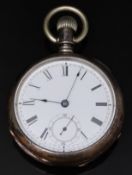 Waltham silver keyless winding open faced pocket watch with subsidiary seconds dial, blued hands,
