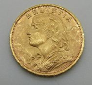 1927 gold Swiss 20 franc coin