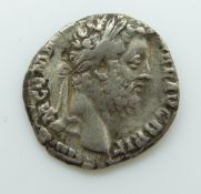Commodus AD 177-192 Roman silver denarius, laureate bearded head, obverse COS V (consulship fifth