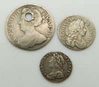 Maundy coins comprising Charles II twopence 1682, George II penny 1729 and a pierced Queen Anne