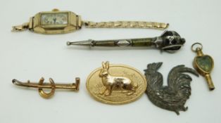 A 9ct gold Victorian brooch in the form of a crop and horseshoe, silver brooch set with agate,