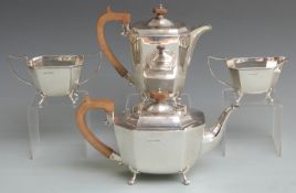 Art Deco hallmarked silver four piece teaset of octagonal design, Sheffield 1938 maker Harrison