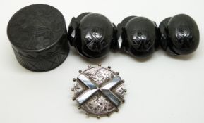 Victorian silver brooch set with agate, Victorian jet bracelet and a jet pot with harp and