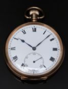 9ct gold cased keyless winding open faced pocket watch with subsidiary seconds dial, blued hands,
