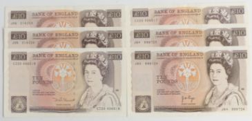Six 'J B Page' UK £10 banknotes including two pairs, all near uncirculated
