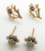 A pair of 9ct gold studs set with opals in a cluster and a pair of 9ct gold earrings in the form