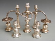 Likely American white metal candelabra parts comprising three branch section, width 32cm, and two