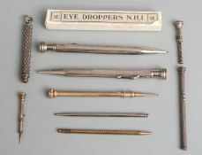 Nine propelling and other pencils and tools to include Mordan, yellow metal Victorian example with