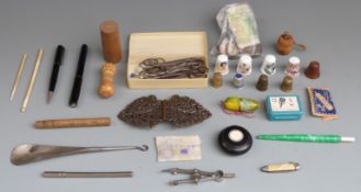 Sewing related items including boxwood tape, Waterman pens, scissors, ivory travelling pen,