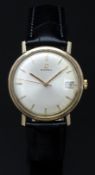Omega 9ct gold gentleman's wristwatch with date aperture, gold hands and baton markers, silver