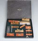 Sanderson brass and mahogany miniature presentation woodworking tool set including planes,