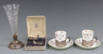 Hallmarked silver mounted cut glass trumpet vase, height 19cm, pair of Edward VII hallmarked