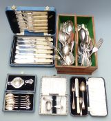 Hallmarked silver christening set comprising fork, spoon and knife, hallmarked silver salt spoon,